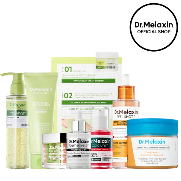 [Dr.Melaxin Official] 8-Step Glass Skin Routine, 8-Piece | Cactox Double Cleanse, Kojic Toner Pad, Peel Shot, Spicule & Niacinamide Serum, Cactox Mask & Capsule Cream | Pore, Blemish & Glow Care | Korean Skin Care Set