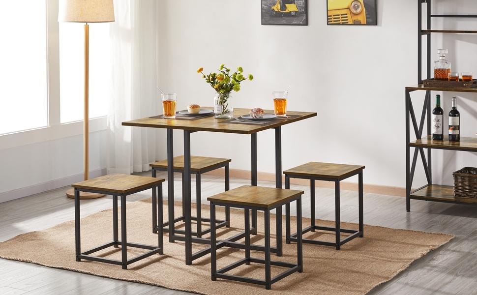 Yaheetech 5-Piece Dining Table Set with 4 Stools - Industrial Compact Kitchen Table & Chairs Sets, Space-Saving Design for Apartment, Small Space, Breakfast Nook Yaheetech 5-Piece Dining Table Set with 4 Stools - Industrial Compact Kitchen Table & Chairs Sets, Space-Saving Design for Apartment, Small Space, Breakfast Nook