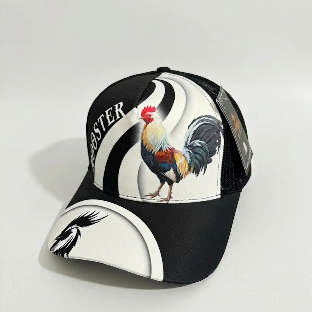 Unisex Black and White Rooster Print Mesh Trucker Hat Adjustable Snapback Baseball Cap