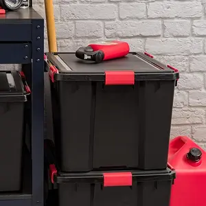 IRIS USA 74 Qt Storage Box with Gasket Seal Lid, 4 Pack - BPA-Free, Made in USA - Heavy Duty Moving Containers with Tight Latch, Weather Proof Tote Bin, WEATHERPRO - Black/Red
