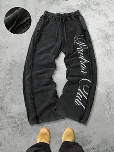 Men's Vintage Cotton Fabric Art Text Embroidered Wide Leg Pants, Elastic Waist Knit Sportswear, Casual Street Style Clothing, Casual Comfy Sweatpants