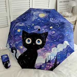 Van Gogh Purple Night Sky Cat Cartoon Folding Umbrella Automatic Umbrella Weather and Rain Umbrella Portable Umbrella Vinyl Sunscreen