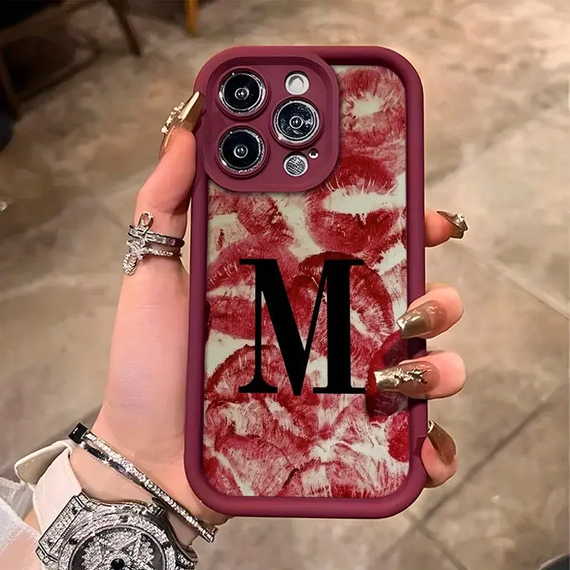Retro Lip Print & Letter M Pattern TPU-Silicone Cellphone Cover - Straight Edge, Anti-Drop, Shockproof, Rugged, Durable, Waterproof 2D Printed Protector for iPhone 17 Pro Max,16,16e,15,14 Plus,13,12 Mini,11,Air,X,XS