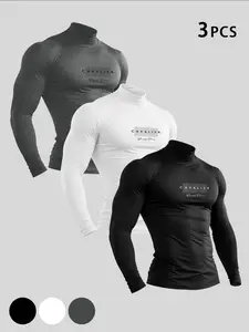 [3-Pack] Men's Muscle Fit Compression Gym Shirts - High Collar Quick-Dry Long Sleeve Athletic Tops, Compression Sportswear, Stretchy Performance Base Layer Bundle for Bodybuilding & Outdoor Running