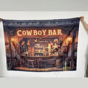 Vintage Cowboy Bar Pattern Backdrop, Cowboy Bar Background Banner, Party Decorations Banners, Wall Decoration, Indoor & Outdoor Decoration, Curtains, Tablecloths, Polyester Backdrop, Party Decoration Supplies, Home Decor Banner