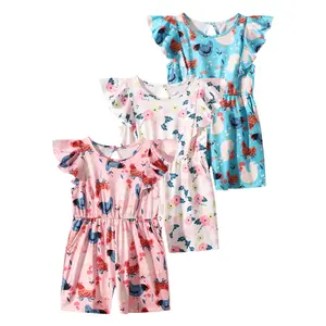 3-piece girl summer fashion flutter sleeve jumpsuit printing design cute popular girl jumpsuit