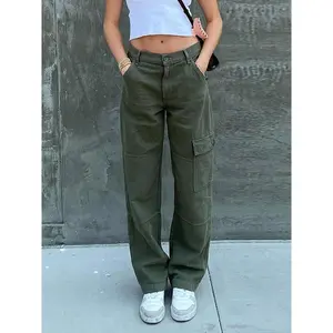 Single sided square pocket wide leg work pants, loose fitting straight leg denim pants, retro style, women's denim jeans, women's clothing, women's bottoms, solid color basic style