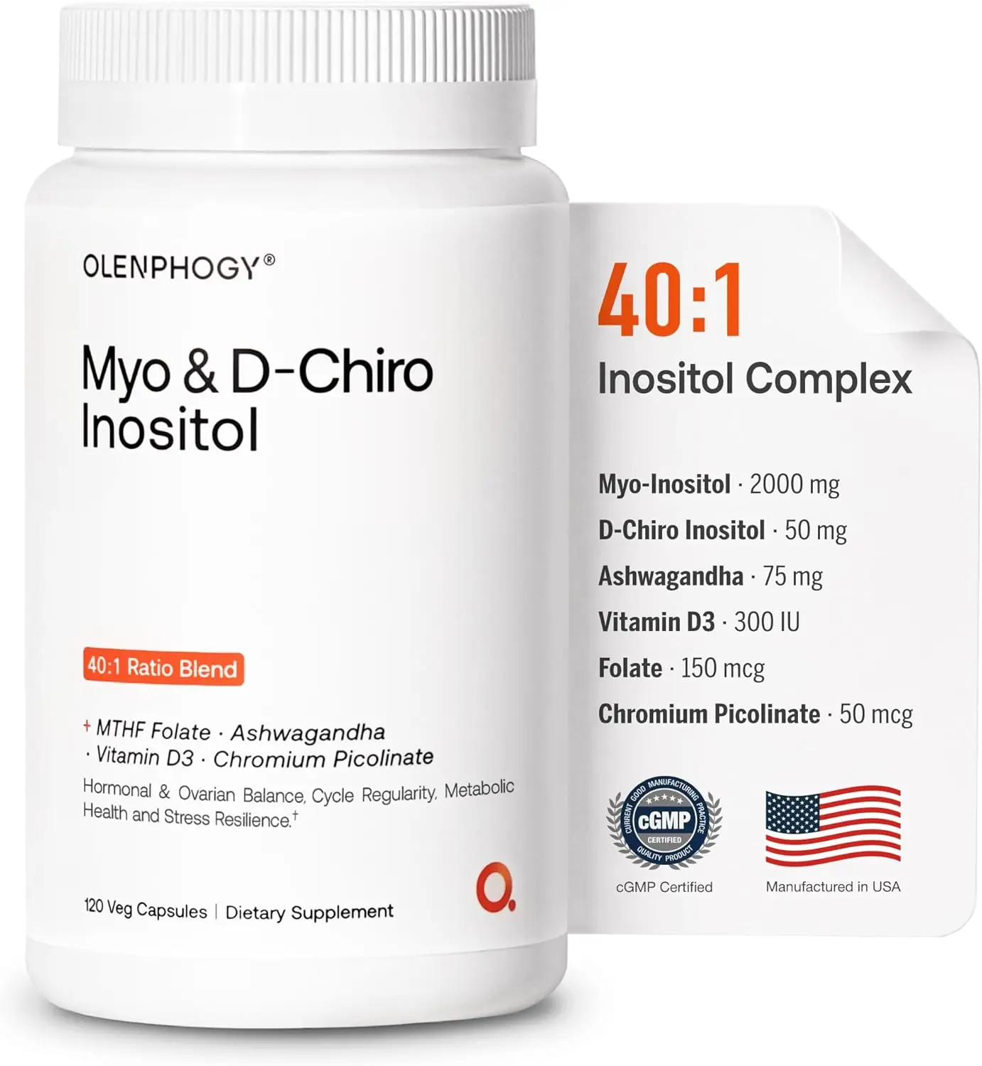 Olenphogy Myo-Inositol & D-Chiro Inositol 40:1 Complex with Ashwagandha & MTHF Folate, PCOS Relief, Fertility & Ovarian Function Support, Women Mood, Regular Cycle & PMS Acne Skin Care, Non-GMO Vegan, 120 Veg Capsules, 30 Day Supply, Made in USA