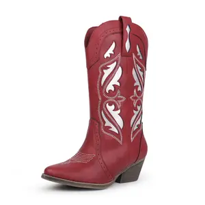 Hawkwell Women's Red Embroidered Stitched Cowboots Mid Calf Cowboy Boots Pointed Toe Chunky Block Heel Classic Pull On Cowgirl Western Booties