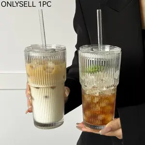 Glass Cup with Straw & Lid, Thickened Glass Cup, DurableGlass Cup, 1 Count Portable Large Capacity Drinking Cup,Fashionable Drinkware for Home & Office & Outdoor,Summer Cool Bottle