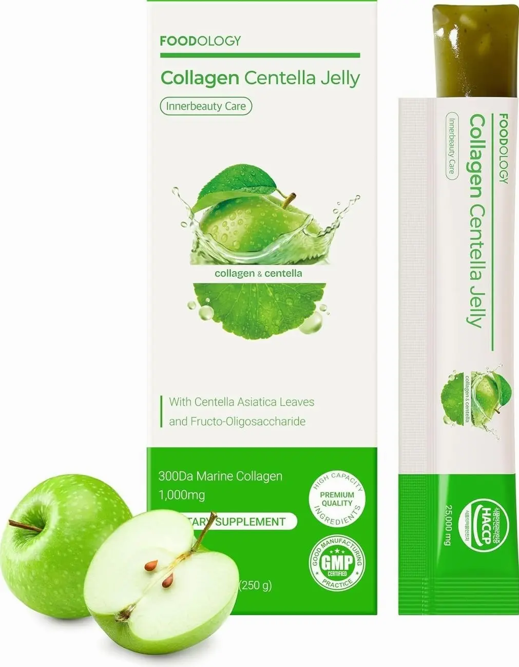 FOODOLOGY Collagen Centella Jelly (Green Apple) – Collagen Peptide with PDRN – Biotin, Vitamin A & E for Skin Glow, Hair & Nails – Korean Beauty Supplement – 10 Sticks