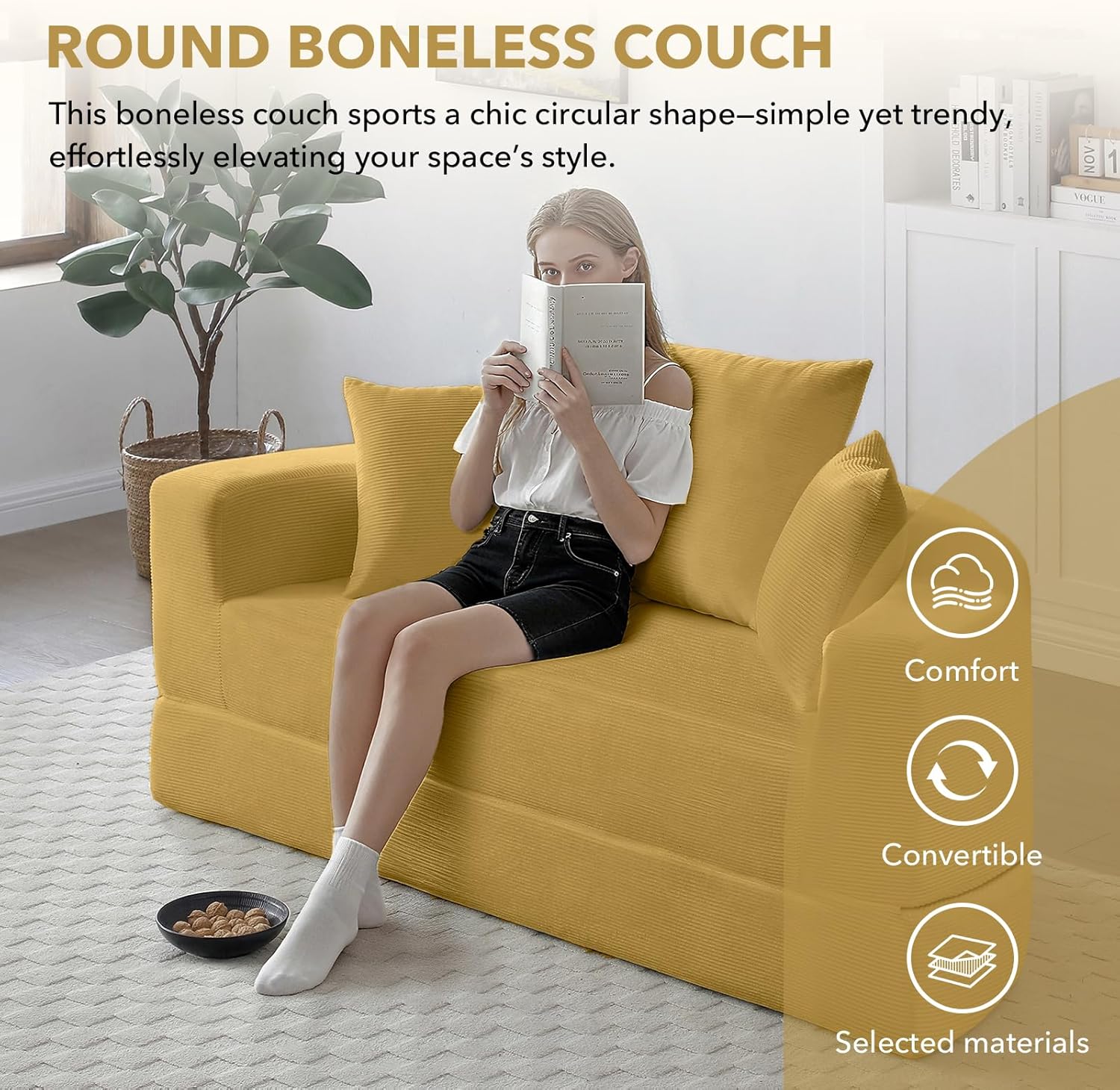 Round Convertible Sleeper Sofa Bed Folding Couch Chenille Foldable Floor Couch Bed with Armrest and Pillows, 67" Boneless Sofa Sleeper for Living Room, Apartment, Dorm, Small Spaces
