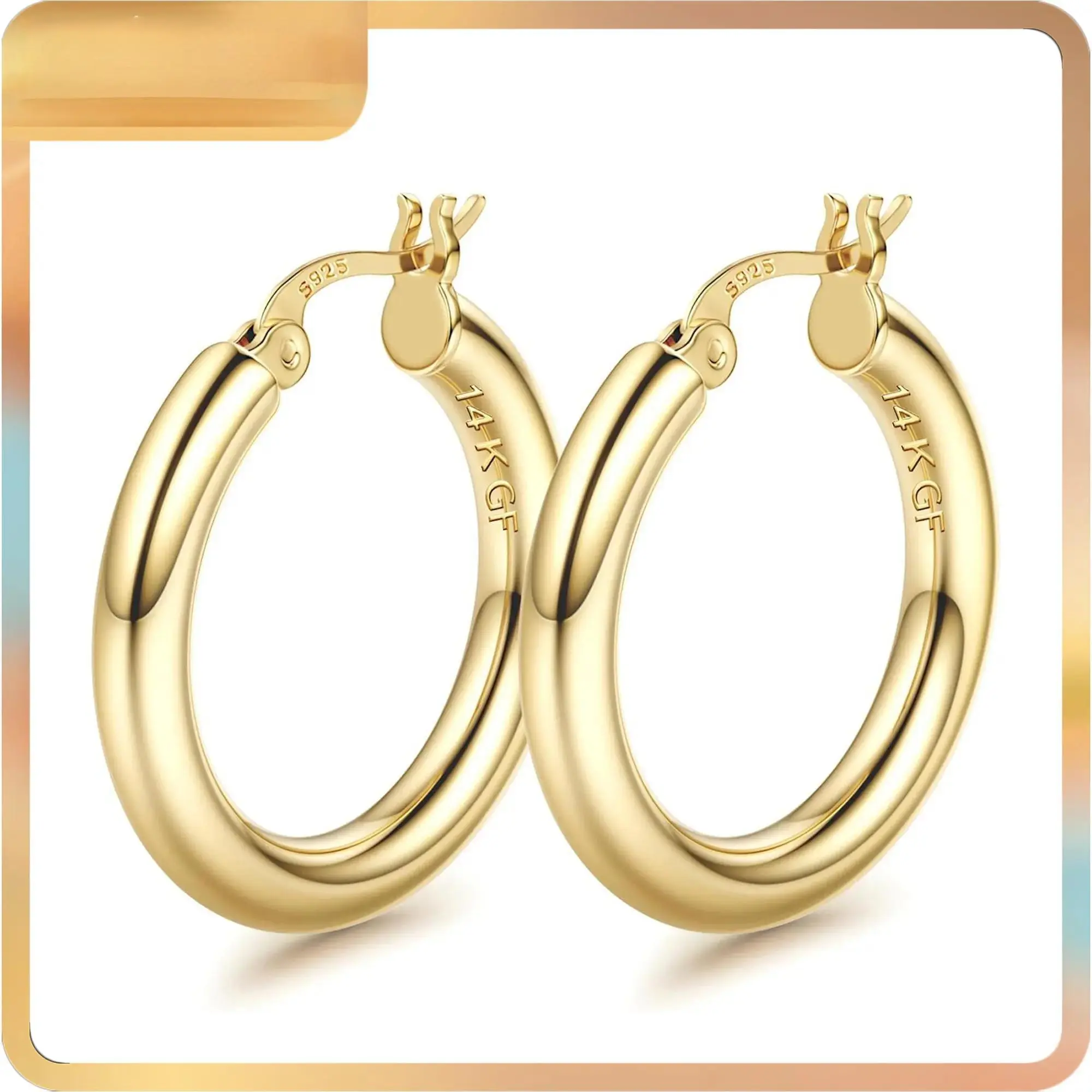Women's Classic 14K Thick Gold Hoop Earrings - 925 Sterling Silver Ear Posts, 4mm Hollow Tube Design, Hypoallergenic Lightweight Multi-Size (25/30/40/50/60/70mm) for Everyday Wear