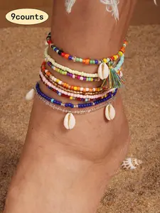 9pcs Boho Colorful Beaded Shell Tassel Anklet Set, Fashion Multi-Layer Pearl Ankle Bracelets, Beach Vacation Tassel Conch Pendant Jewelry