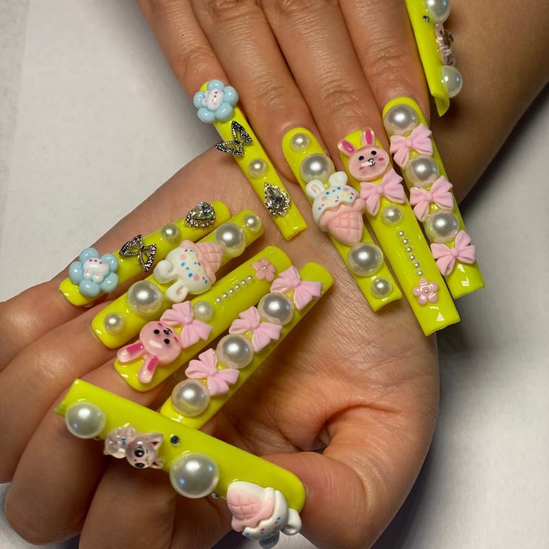 KissMuse | 3DPinkish Cang Bow Tie Press On Nails with Long Coffin, Adorable 3D Flower, Bear & Heart Designs for Easter Celebrations and Daily Elegance