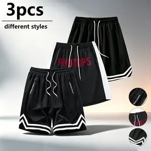 Men’s three-piece shorts set: retro striped mesh basketball shorts; 3-in-1 design; loose drawstring waist; fitness/casual mid-length shorts; multiple styles for street-style sports trends.