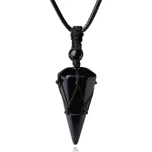 Healing Crystal Stone Pointed Necklace Adjustable Black Rope Natural Gemstone Pendant Necklaces Jewelry for Men Women