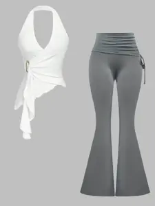 Spring Autumn Pure Desire Halter Top, Irregular Hem Design, Foldover Slim Fit Long Pants Set, Two-Piece for Women