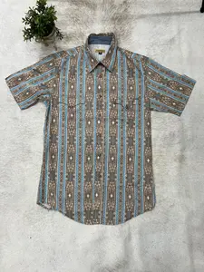 Men Wester Retro Short Sleeve Snap Brown Aztec Print