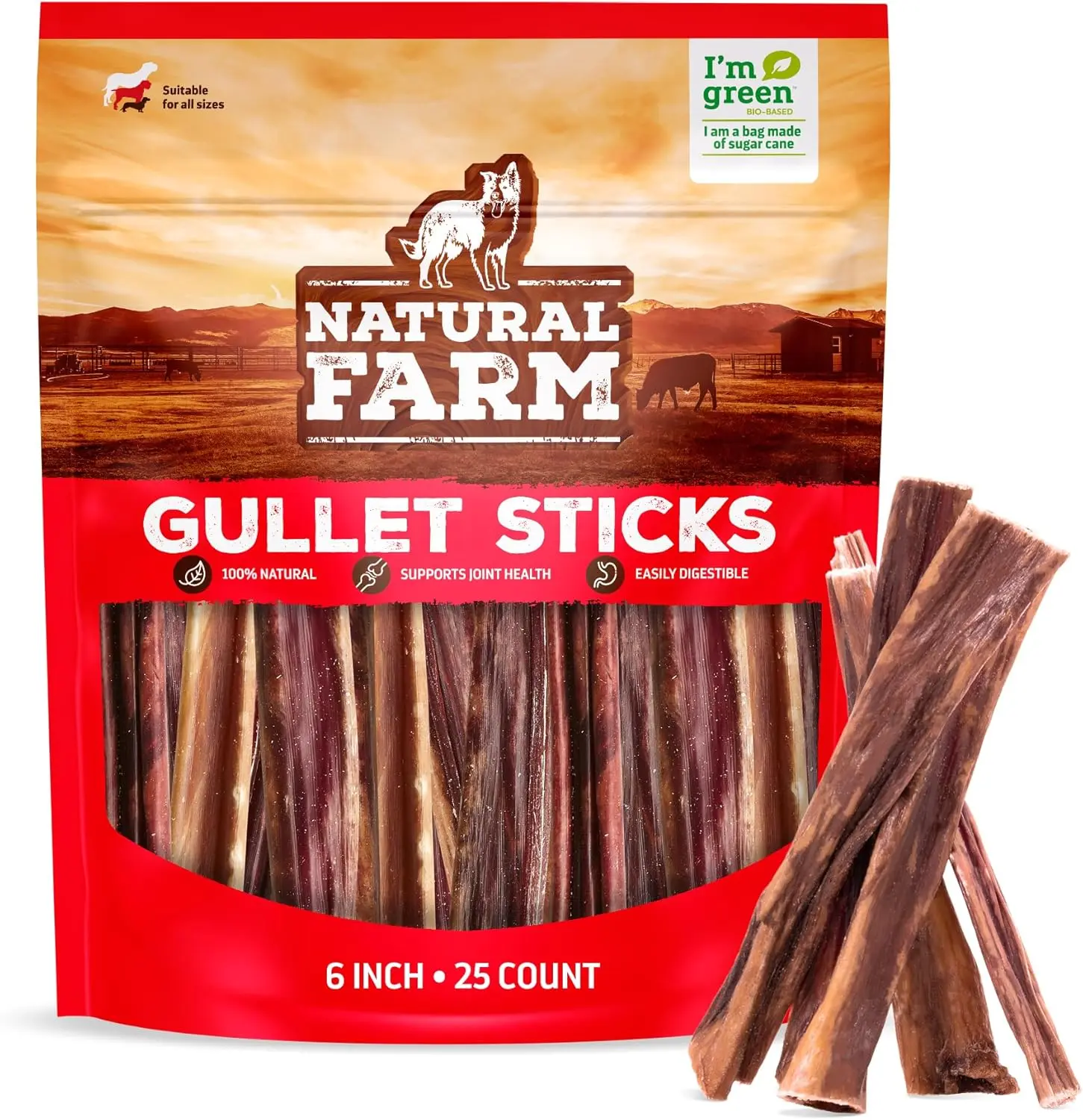 Natural Farm 6-in Beef Gullet Stick Dog Treats - 25-Count Multi-Pack, 100% Grass-Fed Sticks & Twists, High-Quality Ingredients with Glucosamine & Chondroitin, Easily Digestible Soft Chew, No Additives, Training Treats for Light Chewers & Picky Eaters
