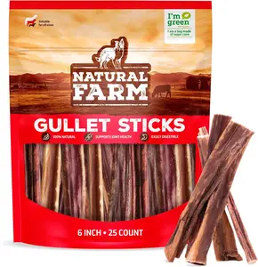 Natural Farm 6 Inch Beef Gullet Sticks - 25 Count, 100% Grass-Fed, High-Quality Glucosamine & Chondroitin, Easy to Chew, Digestible, No Additives