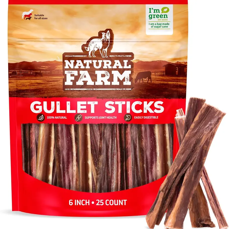 Natural Farm 6-in Beef Gullet Stick Dog Dental Treats - 25-Count Multi-Pack, 100% Grass-Fed, 6 inches Easy-Chew Soft Texture, Glucosamine & Chondroitin Joint Support, No-Additive Easily Digestible for Light Chewers