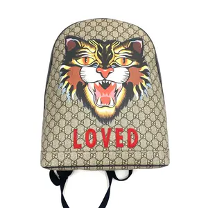 Pre-owned GUCCI GG Supreme Angry Cat "LOVED" Backpack Beige/Ebony