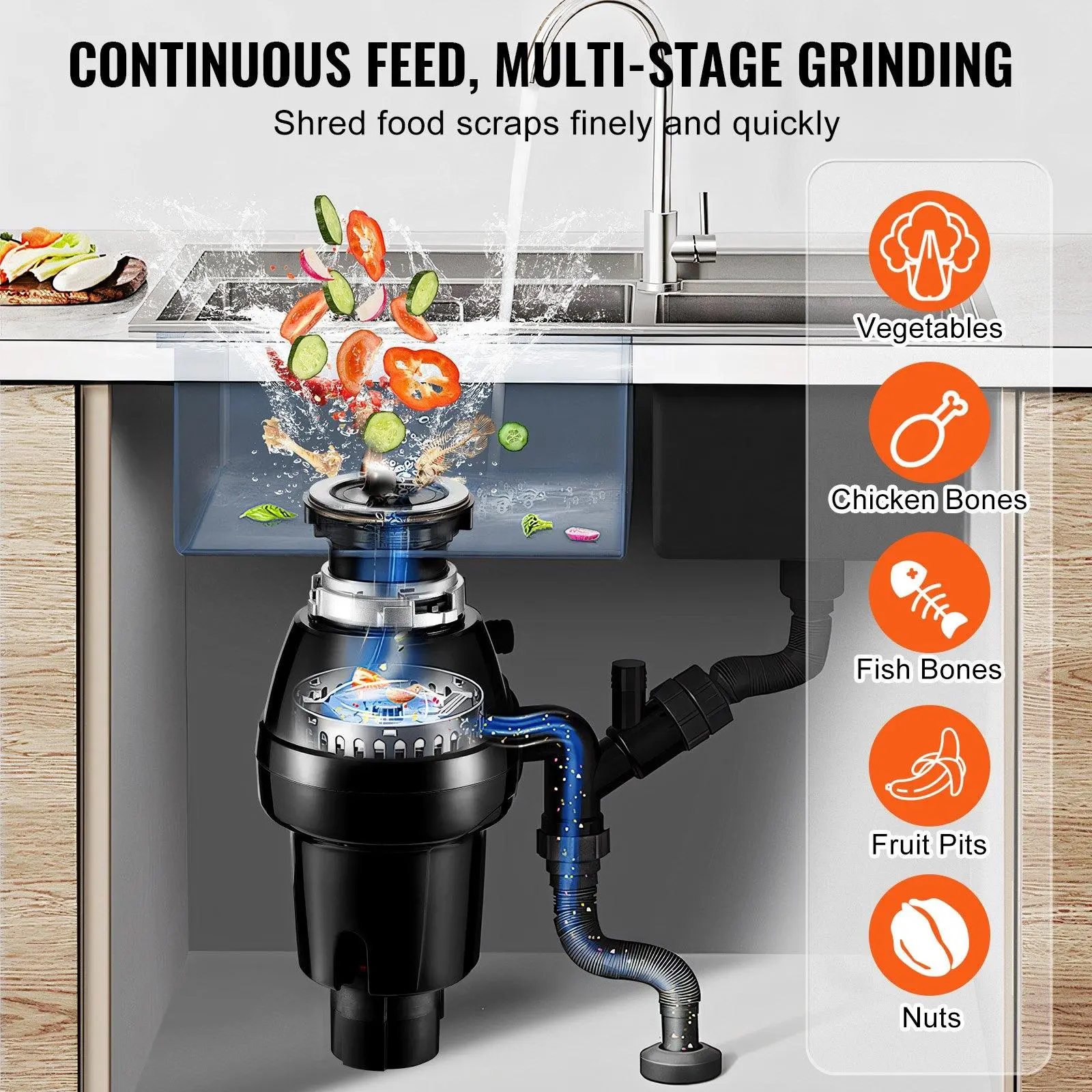 【Summerfinds】VEVOR Garbage Disposal 3/4 HP Continuous Food Waste Disposer 3250RPM EZ Connect Corded