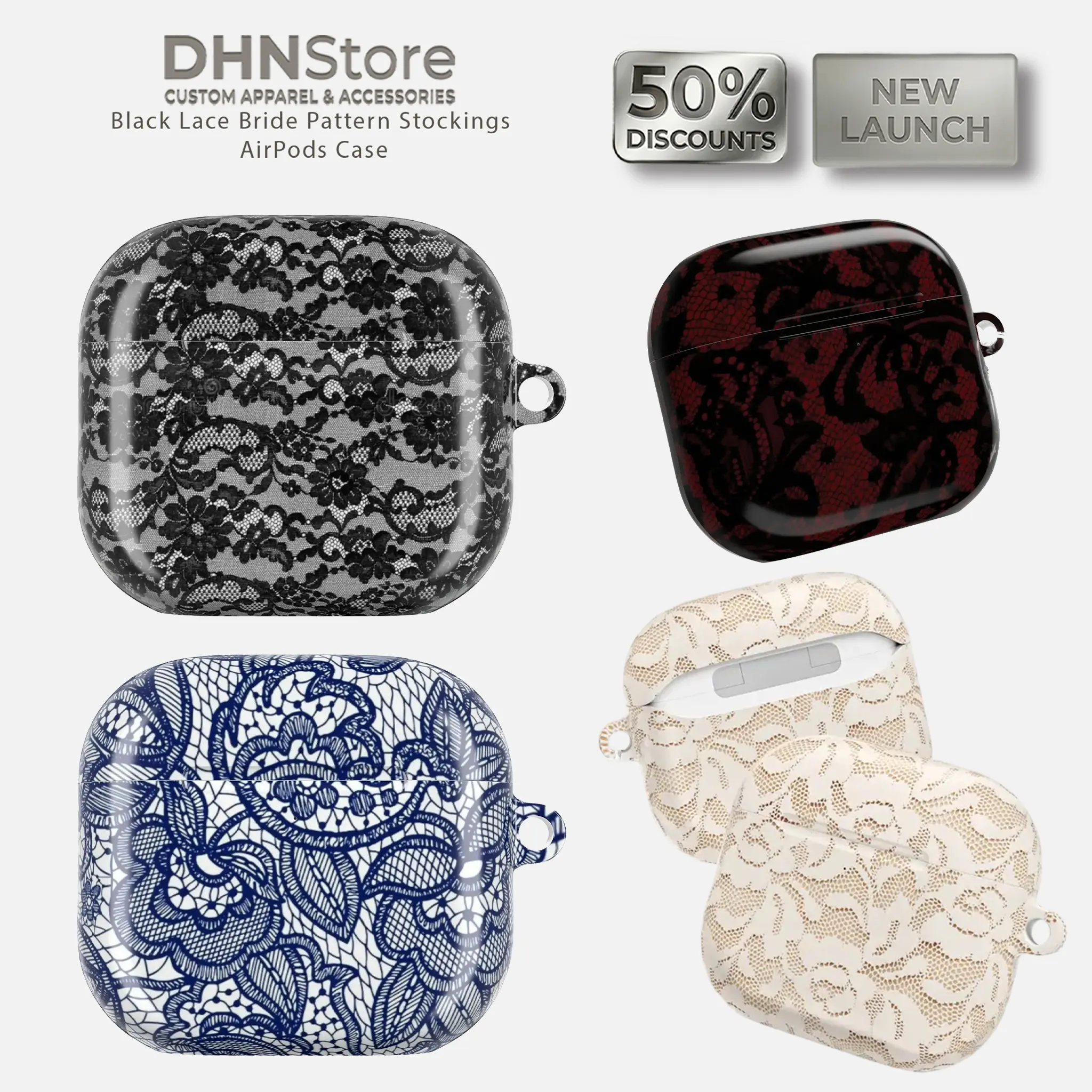 DHNStore Black Lace Bride Pattern Stockings AirPods Case for AirPods 1 2 3 4 & Pro Series Protective Shell Gothic Aesthetic Gift For Her, Precise Cutout, Two-Piece