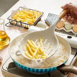 Wood Handle Silicone Filter Pot, Non-Stick Cooking Strainer Spoon Net Oil Skimmer, Heat Resistant Kitchen Tool, Kitchen Cooking Accessories, 1 Piece