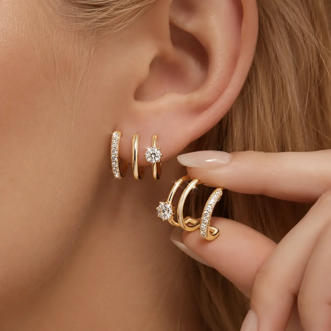 14K Gold Plated Illusion Stud Earrings Stack for Women | Triple Huggie Hoop Earrings for One Hole| Trendy Simple Hypoallergenic Fashion Accessories Gold Jewelry Gifts for Womens Accessories