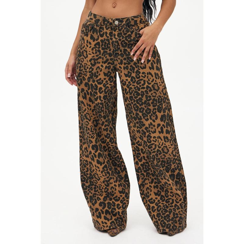 She's A Wild One Leopard Print Wide Leg Jeans - Brown Combo