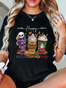 Happy Hallothanksmas Halloween Thanksgiving Christmas Coffee T-Shirt women's graphic tees