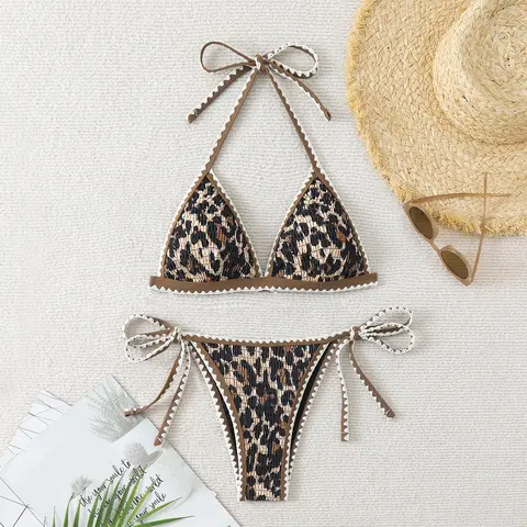 ZAFUL Women's Animal-Themed Crochet 2-Piece Bikini Swimsuit for Women, Leopard Color Block Full Print, Lace-Up Top for Secure Fit, Graphic Bikini Set, Full Print Bikini Sets