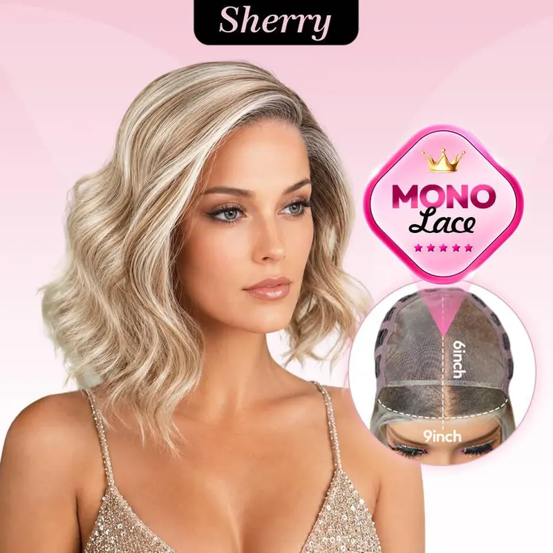 [Sherry] VSIGN Mono Top Short Wave Ash Honey Blonde Highlight Scandinavian Hairline 9*6 Full Monofilament Lace Hand Tied Top Wig Bendy Ear Tabs Velcro Adjustment Air Cap Glueless Lace Front Wig Synthetic Heat Resistant Fiber Summer Vibes
