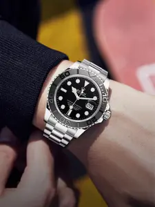 Top Luxury Yacht Series Luminous Waterproof Wrist Watch Calendar Business Casual Men's, Stainless Steel Watches, Quartz Analog Dial, Stainless Steel Case, Butterfly Clasp