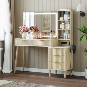 Vanity Desk with Mirror, LED Lights and Power Outlet Makeup Vanity Table with 5 Drawers and 3 Storage Shelves Ressing Table for Bedroom Dressing Room