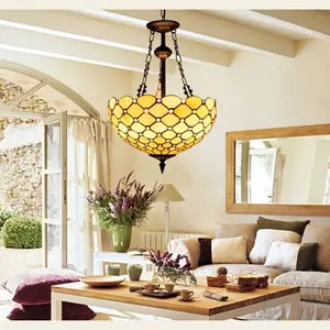 3 - Light Dimmable Geometric Chandelier Mount Lighting in Antique Brass with Chain and Art Glass Shade Tiffany Style Pendant Light Fixtures for Living Room Kitchen Hallway