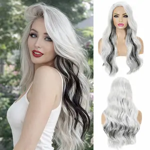 Befunny 28-inch long black and white wig for women, curly wavy synthetic wig with a full, long design, suitable for cosplay and various occasions. heat resistant hairstyle