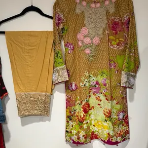 Elegant Embroidered Neckline Lawn Shirt and Trouser with Silk Dupata Small 36 Size Ready to Wear for Womens Casual Daily Wear Clothes Womenswear
