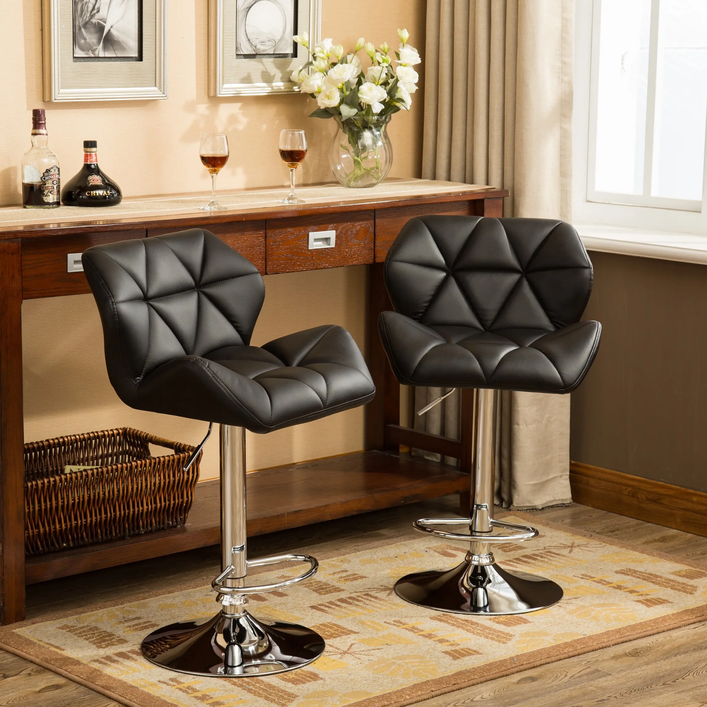 Set of 2 Glasgow Contemporary Tufted Adjustable-Height Hydraulic Indoor Home Bar Stools