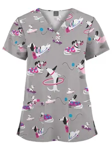 Women's V-Neck Scrubs | New Elastic Printed Cartoon Uniform for Veterinary Clinics, Luxury Spa Attendants, Pet Grooming Salons, and Wellness Centers
