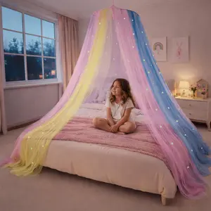 Bed Canopy for Girls with Glowing Stars - Canopy Bed Curtains Fits Single, Twin, Full, Queen Size Kids - Princess Bed Canopy Rainbow Bedroom Accessories Netting Room Decor Ceiling Tent