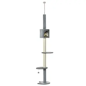 Floor to Ceiling Cat Tree 4 Tier Adjustable Height 90-105", Grey Cat Climbing Tower with Scratching Posts, Hanging Toys, Plush Condo, for Small Cats Up to 10 lbs, 15.75"L x 15.75"W Base