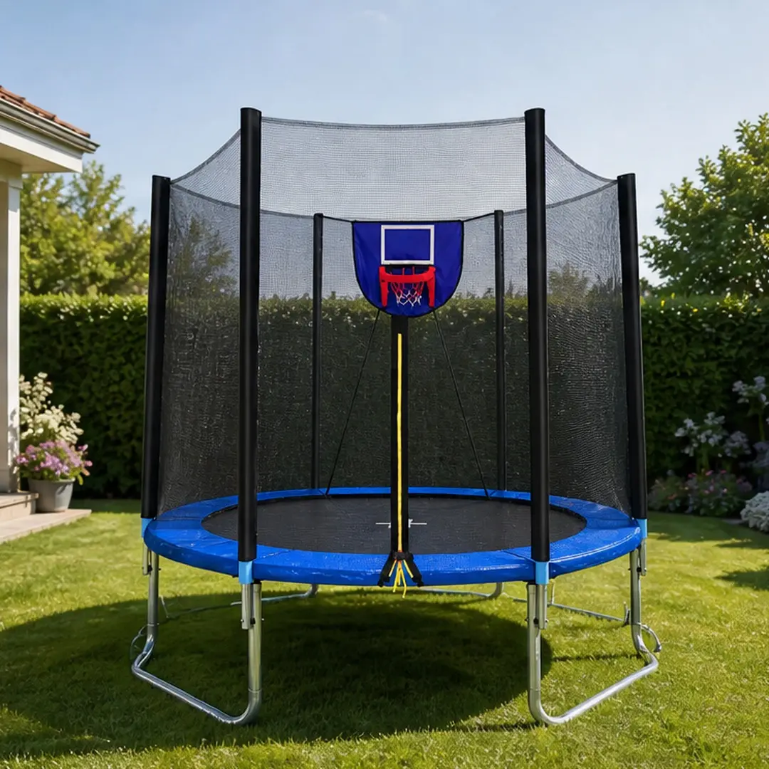 8FT Arch Galvanized Steel Outdoor Trampoline with Basketball Hoop, Enhanced Bounce, Protected Net Poles, and Stable Design for Kids, Enclosed Net, Adjustable Board, High-Bounce Outdoor Trampolines, Jumping Mat Outdoor Trampolines