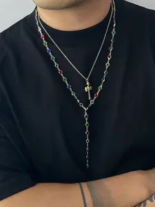 2PCS Unisex Y2K Grunge Layered Lariat Necklace for Men Women, Mixed Tone Alloy Multicolor Bezel-Set Gemstone Chain with Gold Cross Pendant, Edgy Retro Streetwear Jewelry, Ideal Birthday Festival Gift