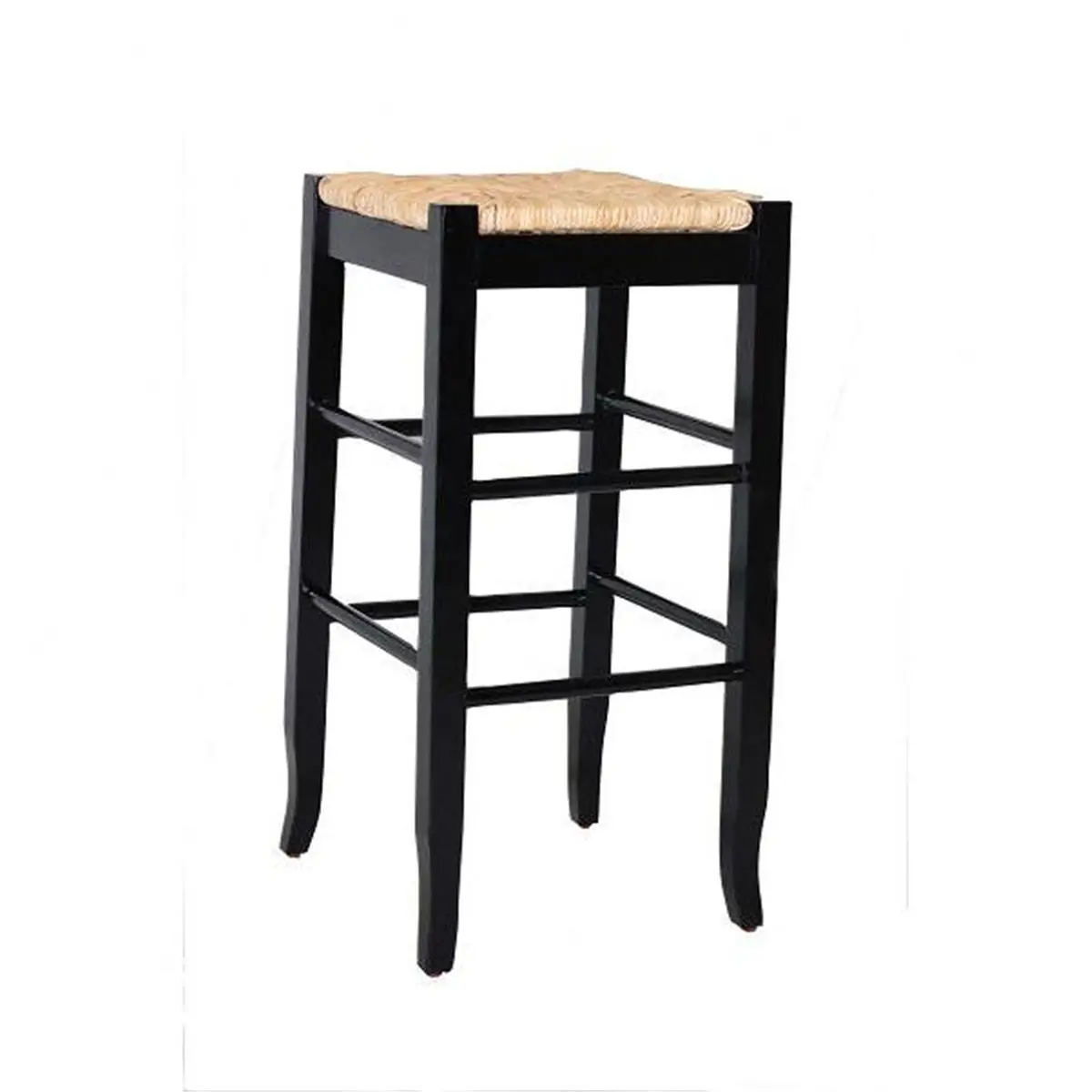 Wood Rush Seat Stool - Black Painted Finish, 29 in. Square, 29"h x 14.5"w x 14.5"d, Hand Woven Rush Seat, Tapered Leg Bottom, Assembly Required, for 42" High Surfaces