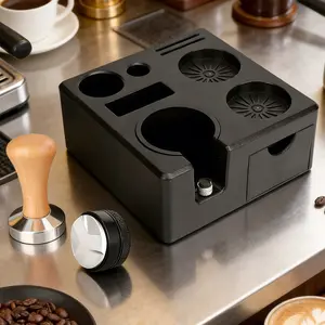 53mm Espresso Accessories Kit, Coffee Tamping Station, Set of 3, with Drawer, Coffee Distributor, Bottomless Portafilter, Puck Screen
