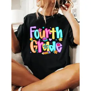 Fourth Grade Back To School 4th Grade Teachers Girls T-Shirt Cotton Round Neck Short Sleeve Comfort Tee Top For Spring Summer Women's Clothing