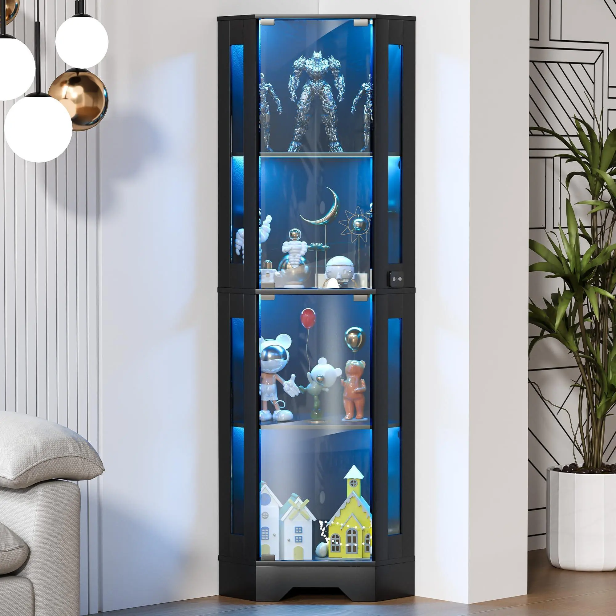 Garvee 65" Corner Display Cabinet with Glass Doors Lighted Curio Showcase 4 Tier, 90-degree corner design; 3-color adjustable LED